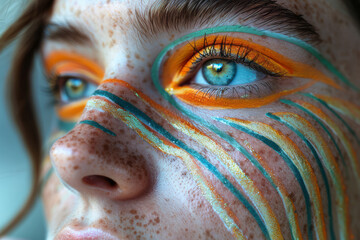 A surreal composition of a girl with her face covered in colorful, swirling lines, applying green eyeshadow,