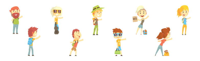 People Character Standing and Hitchhiking Catching Car Vector Set