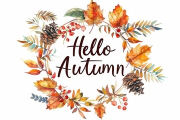 Watercolor autumn wreath with leaves, berries, pine cones, and "Hello Autumn" text