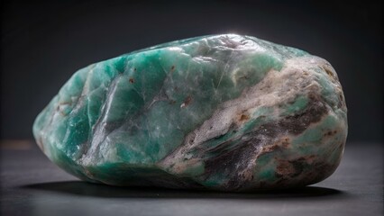 Rock of green amazonite mineral (or amazonstone) from Russia isolated on a pure black background.