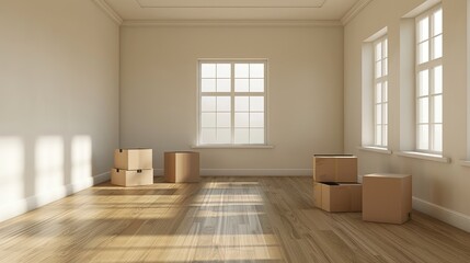 Fototapeta premium Moving into a new place with cardboard boxes Blank walls and closets
