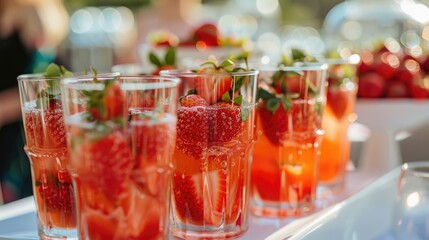 Natural strawberry juice in several glasses on the buffet table focusing selectively