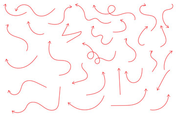 Hand drawn thin line arrows set. Many vector curvy and wavy arrows isolated on white background.
