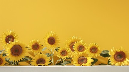 Neatly arranged sunflowers on white table with yellow background empty podium for display front view photo