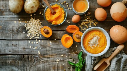 Nutritious Breakfast pumpkin puree apricots muesli eggs veggies Healthy eating idea