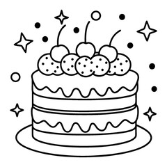 A&nbsp;fanciful, multi-layered cake coloring page in black and white lines.