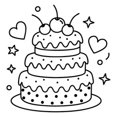 A fanciful, multi-layered cake coloring page in black and white lines.