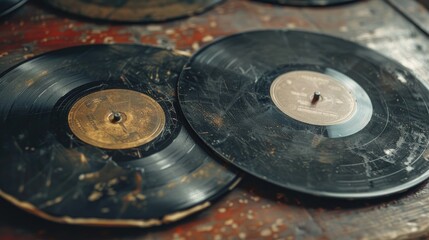 Old music discs with scratches on table