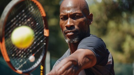 A close-up portrait of a focused, bald tennis player, poised to return a serve