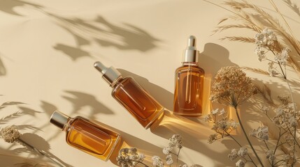 Fototapeta premium Organic facial and body oil on beige backdrop