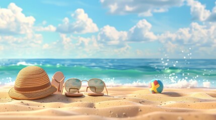 Sunny Summer Essentials Sandals Straw Hat Sunglasses and Beach Ball on Golden Sand