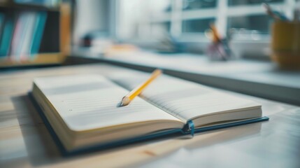 Pencil and bookmarks on notebook on table
