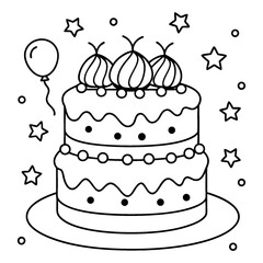A fanciful, multi-layered cake coloring page in black and white lines.