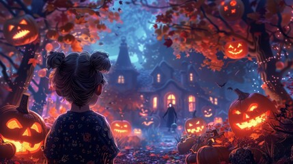 Obraz premium A child looking at a spooky house decorated with glowing jack-o'-lanterns and autumn leaves during a misty Halloween night.