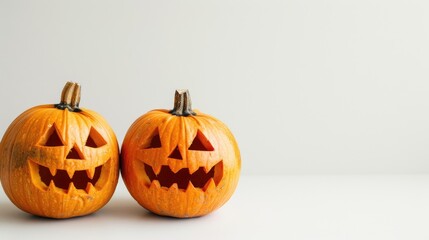 Pumpkin Jack o lanterns on white background with space for text viewed from the side