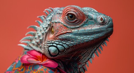 Pop art lizard portrait in floral jacket on pink backdrop