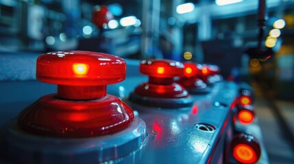 Red plastic stop button for industrial use with additional buttons and indicator lights