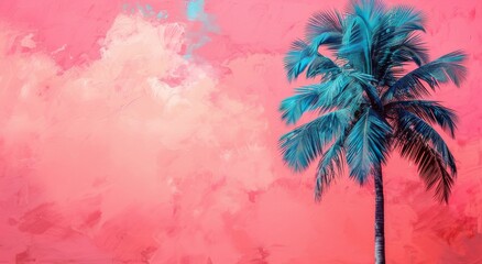 Surreal pop art blue palm tree on coral pink backdrop.