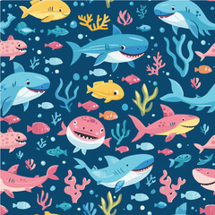 Obraz premium vector of Underwater with Cosmic Cuties Shark Seamless pattern