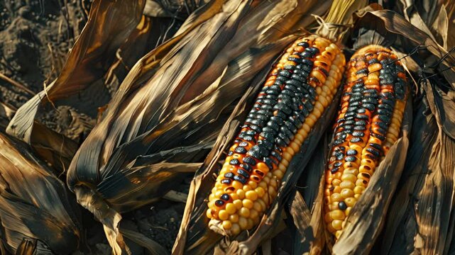 A mouthwatering view of charred corn on the cob dusted with es and ready to be devoured.