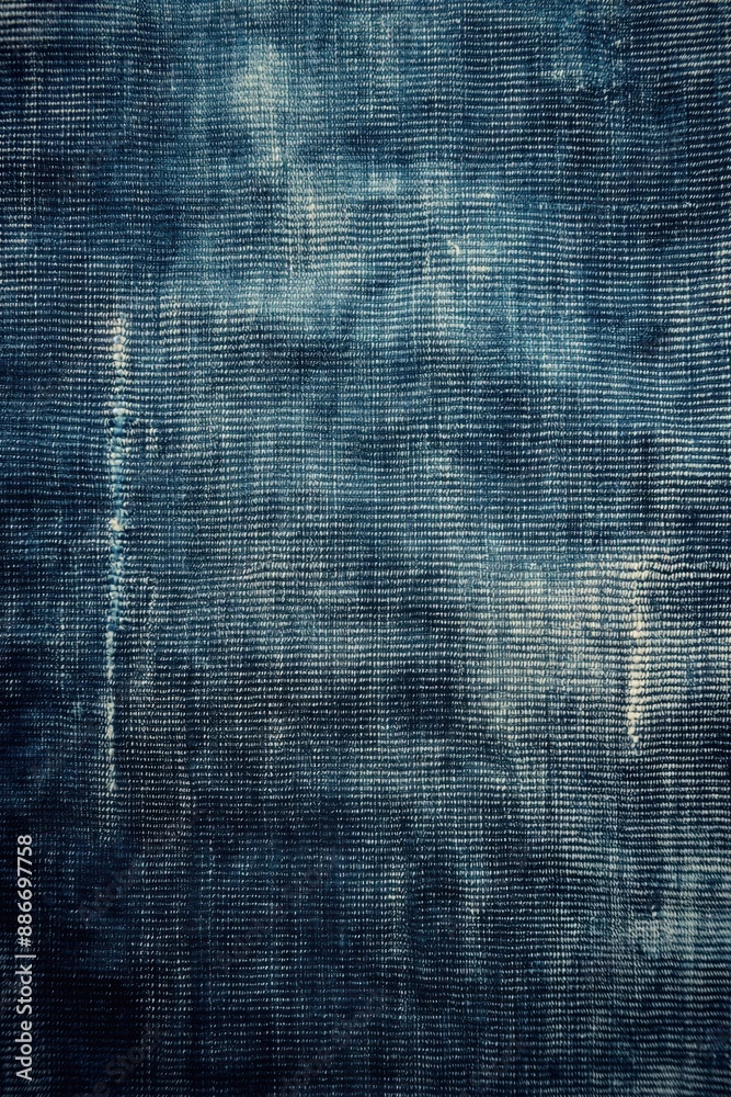 Aufkleber blue denim fabric texture close-up with grid pattern on light gray background. wrinkled fabric adds 