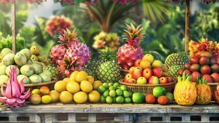Exotic Tropical Fruit Paradise Vibrant Mangosteen Dragon Fruit and Papaya Display