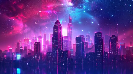 cityscape with space and neon light effect. Modern hi-tech, science, futuristic technology concept. Abstract digital high tech city design for banner background