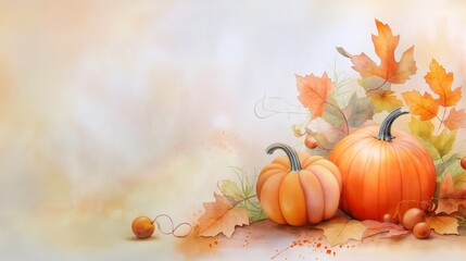 Autumn Elegance: Watercolor Pumpkins with Detailed Foliage in Warm Soft Hues