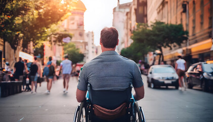 Obraz premium A disabled person in a wheelchair lives a happy life in the city.