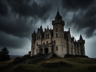 Fototapeta premium an old and abandoned castle with a dark sky in the background