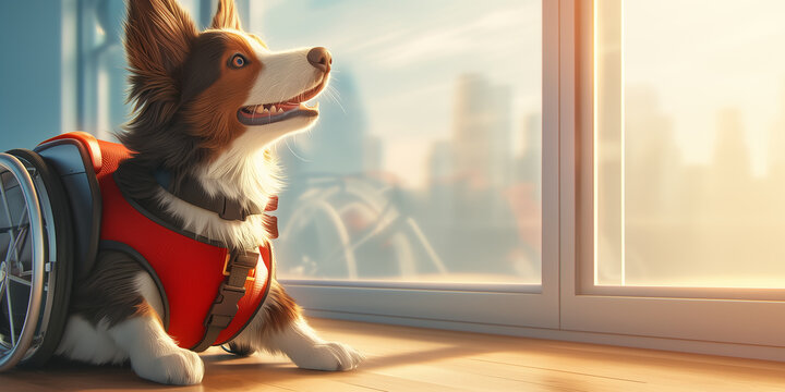 Senior dog in wheelchair, disabled pet with special needs, neurological paralysis, recovery, mobility