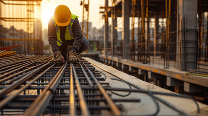 Construction worker handling steel rebar at sunset