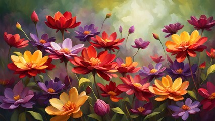 Obraz premium A vibrant garden of colorful flowers painted in an impressionist style with a soft focus background.