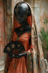 Obraz premium Surreal robotic figure in red silk gown with Chinese fan.
