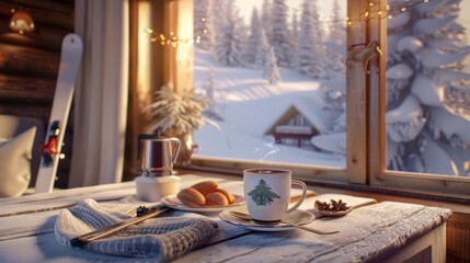 Fototapeta premium Winter Wonderland Cozy Ski Lodge Escape with Hot Chocolate and Snowy Views