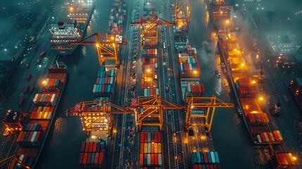 Obraz premium Aerial view of a busy shipping port with cargo ships being loaded and unloaded