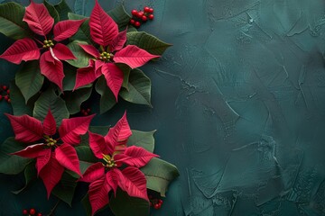 Christmas background with poinsettia. Black textured background with flowers for Christmas and New Year card. Copy space.
