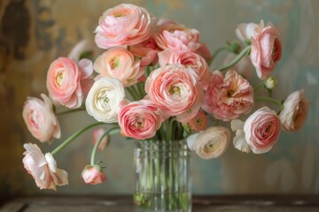 Fototapeta premium Pink, white and yellow ranunculus. Flower phone wallpaper. Floral print or poster.