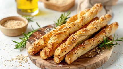 Italian breadsticks with olive oil and sesame seeds on light background
