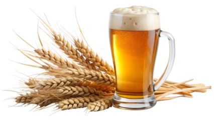 A glass of beer with foam, bubbles and wheats, showing a cold refreshing drink