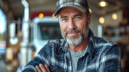 Portrait of a rugged truck driver standing in front of a vintage