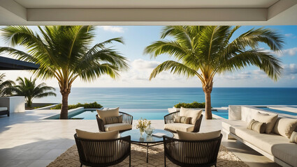 Fototapeta premium Patio with lounge chairs and coffee table sits overlooking ocean and pool. Palm trees stand on either side of patio, providing shade