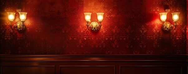 Sophisticated red room featuring vintage wall sconces and dark brown wallpaper, illuminated with warm, inviting light.