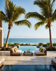 Fototapeta premium Modern patio with white lounge chairs and coffee table sits beside pool overlooking ocean