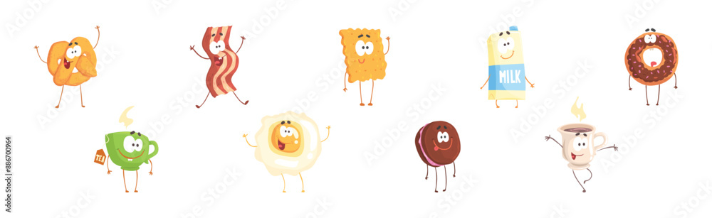 Poster funny food kawaii character with arm and legs vector set