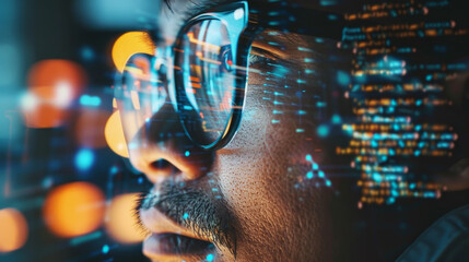 A man wearing glasses is looking at a computer screen with a lot of code on it