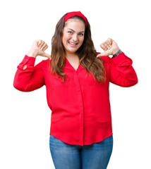 Beautiful plus size young woman over isolated background looking confident with smile on face,...
