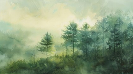 Naklejka premium Misty Forest Watercolor Painting.