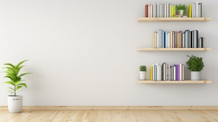 A minimalist room featuring wooden floating shelves with books and potted plants against a plain white wall, creating a serene and organized space.

