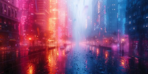 Fototapeta premium Abstract depiction of urban life, with overlapping shapes and vibrant colors, capturing the energy and chaos of the city
